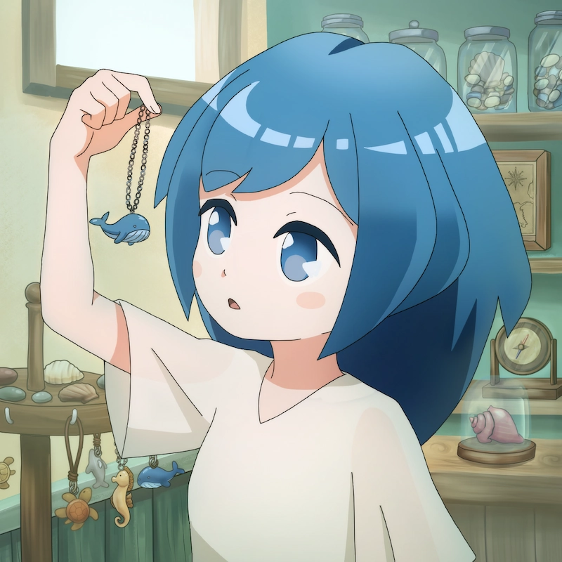 Serena looking at a cute whale pendant